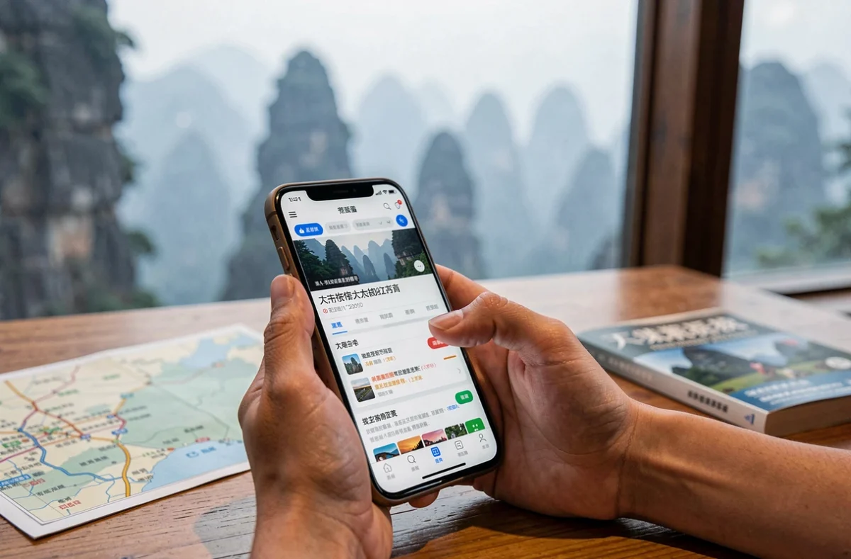 Réservation en ligne de billets pour Tianmen Mountain Zhangjiajie sur smartphone, avec les piliers karstiques visibles en arrière-plan