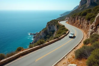 Route côtière sinueuse entre Propriano et Ajaccio avec vue sur la mer Méditerranée en Corse