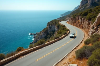 Route côtière sinueuse entre Propriano et Ajaccio avec vue sur la mer Méditerranée en Corse