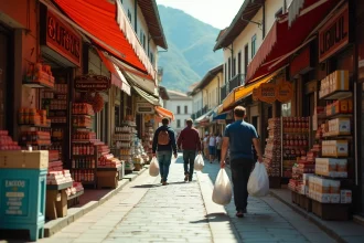 Rue commerçante animée de Dancharia avec des boutiques de tabac et spiritueux côté espagnol de la frontière franco-espagnole