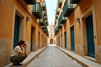 Photographe femme capturant une ruelle en pierre calcaire à La Valette, Malte, avec des balcons en bois colorés et un dôme baroque au loin