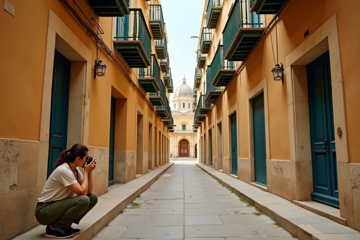 Photographe femme capturant une ruelle en pierre calcaire à La Valette, Malte, avec des balcons en bois colorés et un dôme baroque au loin