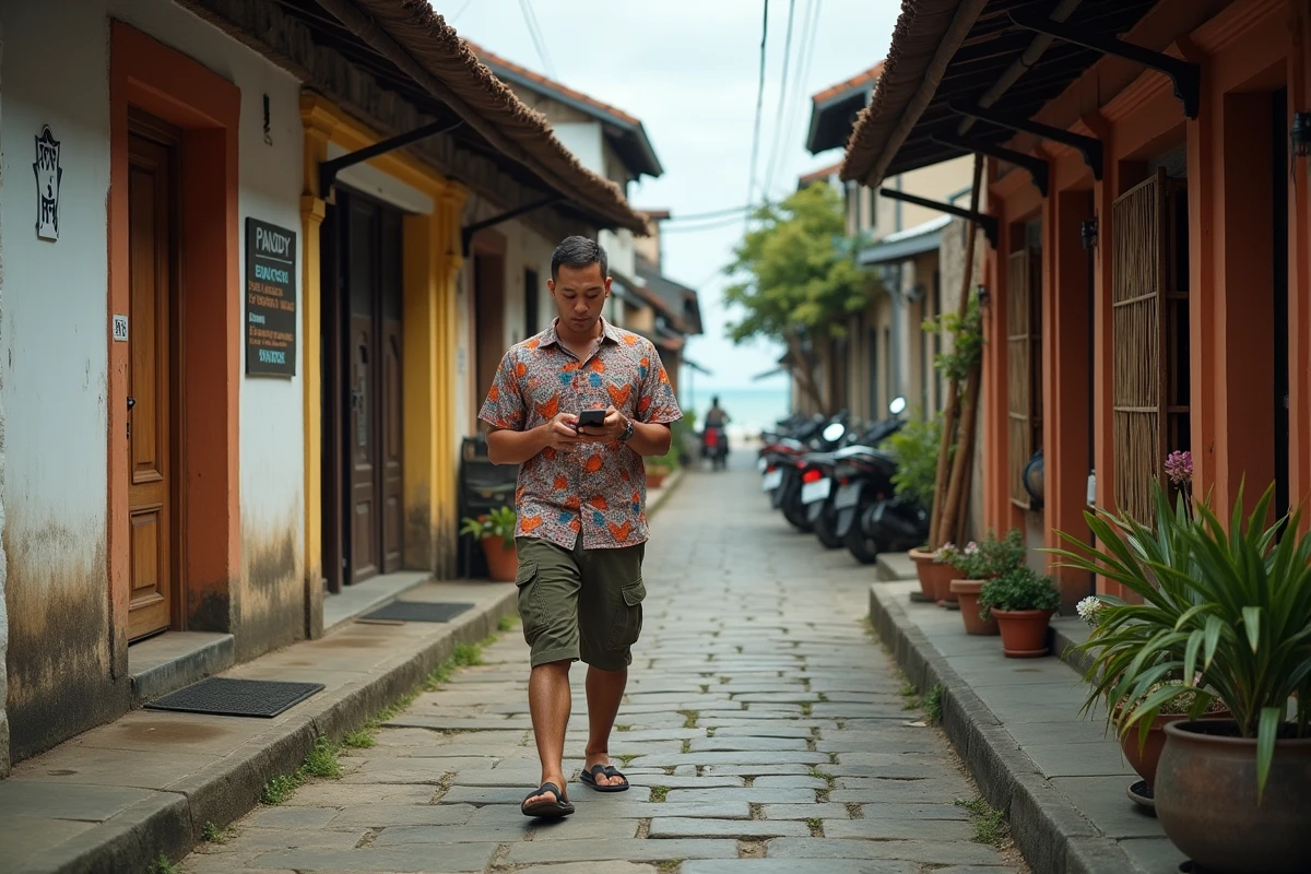 Voyageur naviguant dans les ruelles pavées authentiques du village de Padangbai à Bali, avec des warungs locaux et un aperçu de la mer au loin