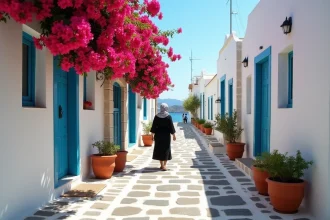 Ruelle blanchie à la chaux dans un village traditionnel de Tinos avec une femme grecque marchant entre des portes bleues et des bougainvillées colorées