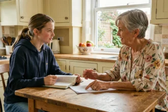 Adolescente en séjour linguistique révisant l'anglais avec sa famille d'accueil britannique dans une cuisine traditionnelle anglaise