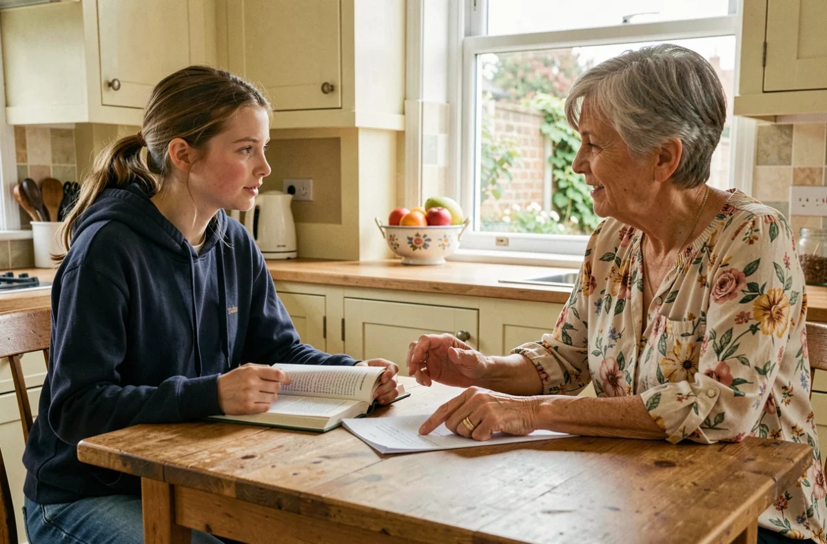 Adolescente en séjour linguistique révisant l'anglais avec sa famille d'accueil britannique dans une cuisine traditionnelle anglaise