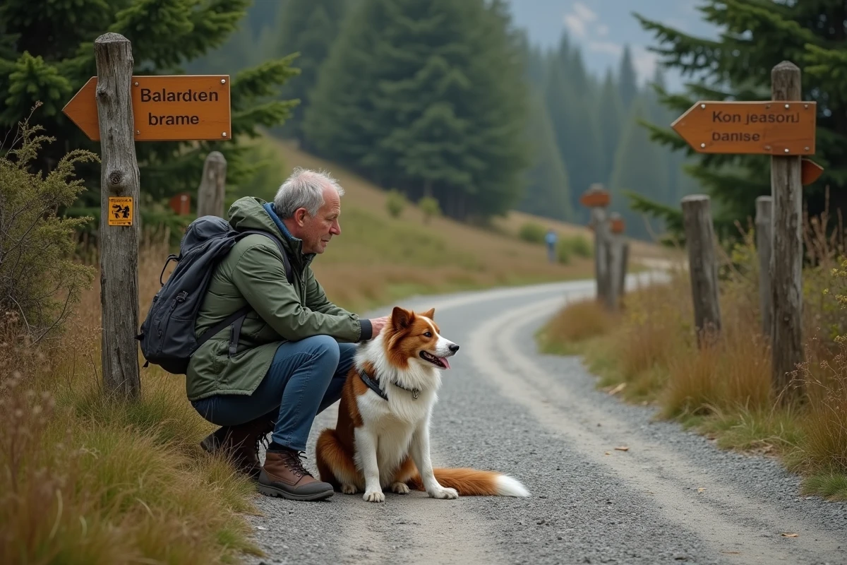 Homme près d un panneau de sentier avec son chien