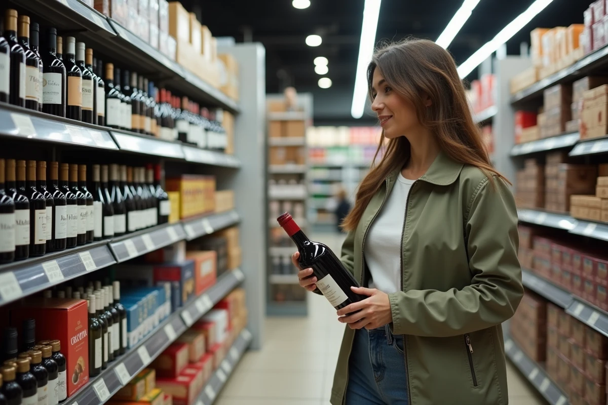 Femme faisant ses achats dans un magasin de spiritueux et de produits détaxés à Dancharia en Espagne