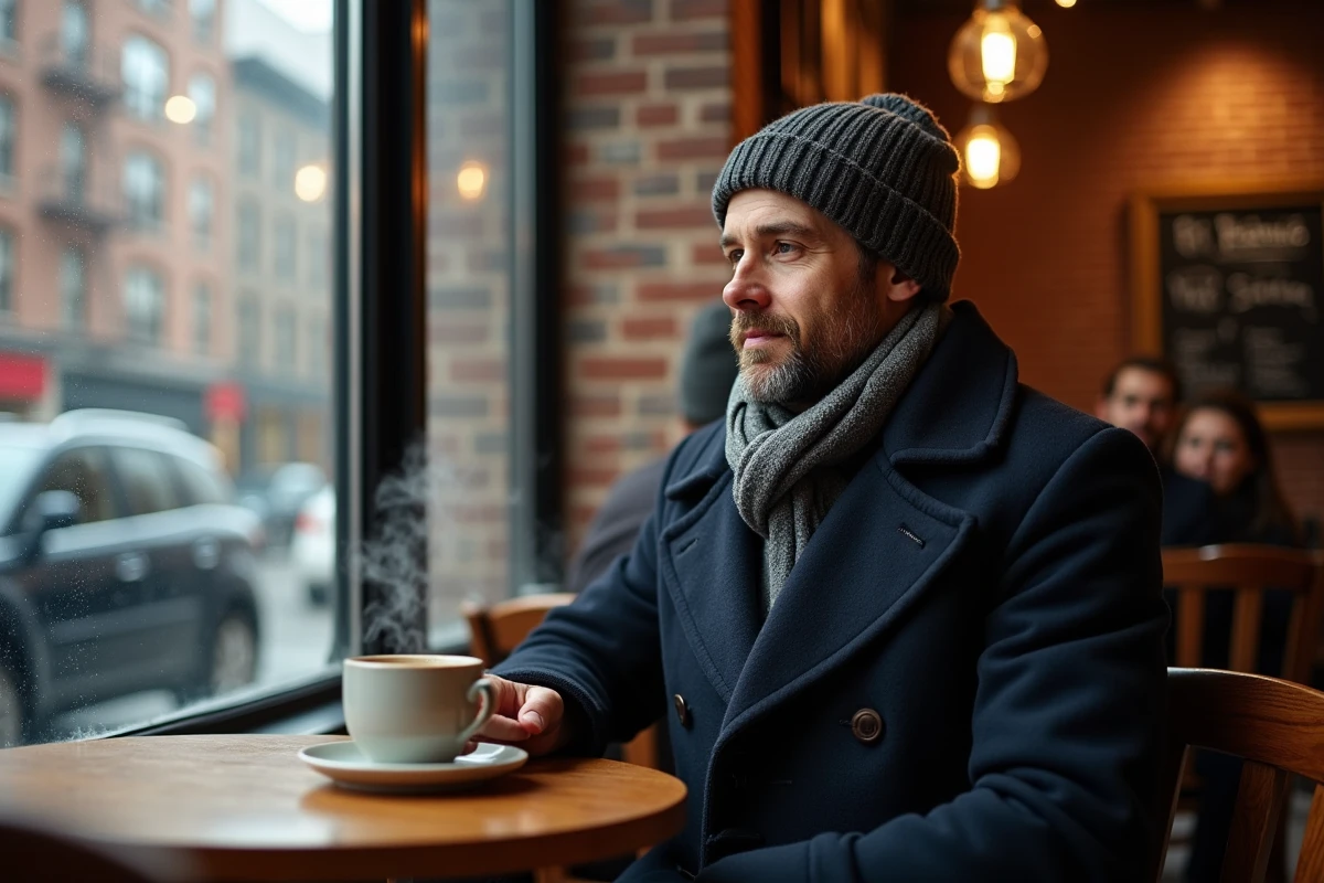 Homme en manteau bleu marine savourant un café chaud dans un café chaleureux de SoHo avec vue sur la rue enneigée de New York en hiver