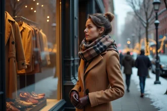 Femme en manteau camel explorant les vitrines d'une boutique dans les rues pavées enneigées de SoHo, New York, en hiver