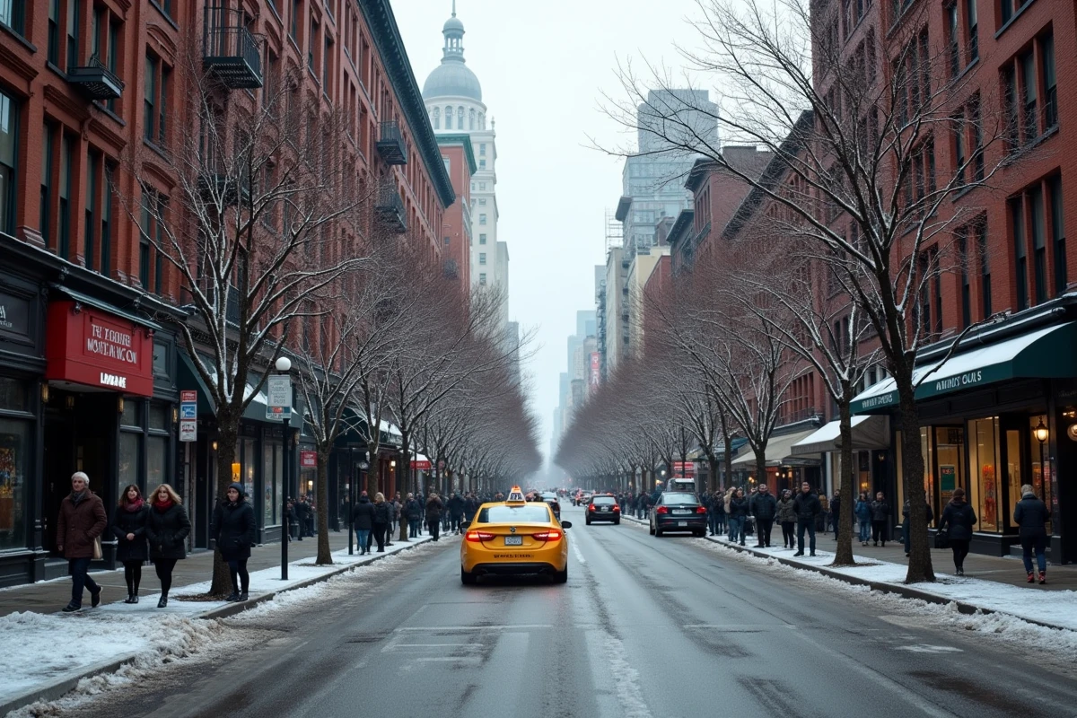 Vue grand angle de West Broadway à SoHo, New York, en hiver avec ses façades en fonte, ses arbres nus et ses passants en manteaux d'hiver