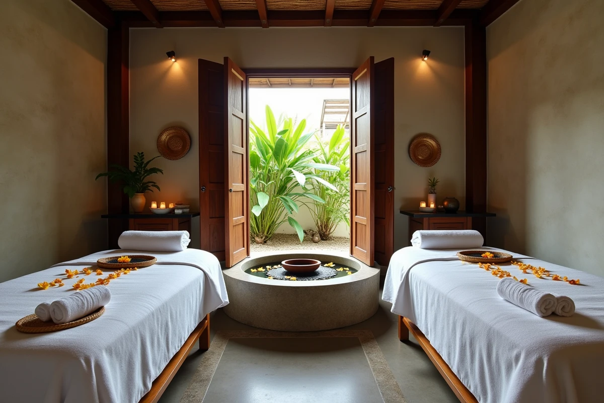 Salle de spa d'un hôtel 5 étoiles intimiste en Guadeloupe avec décor créole en bois de mahogani et fleurs tropicales