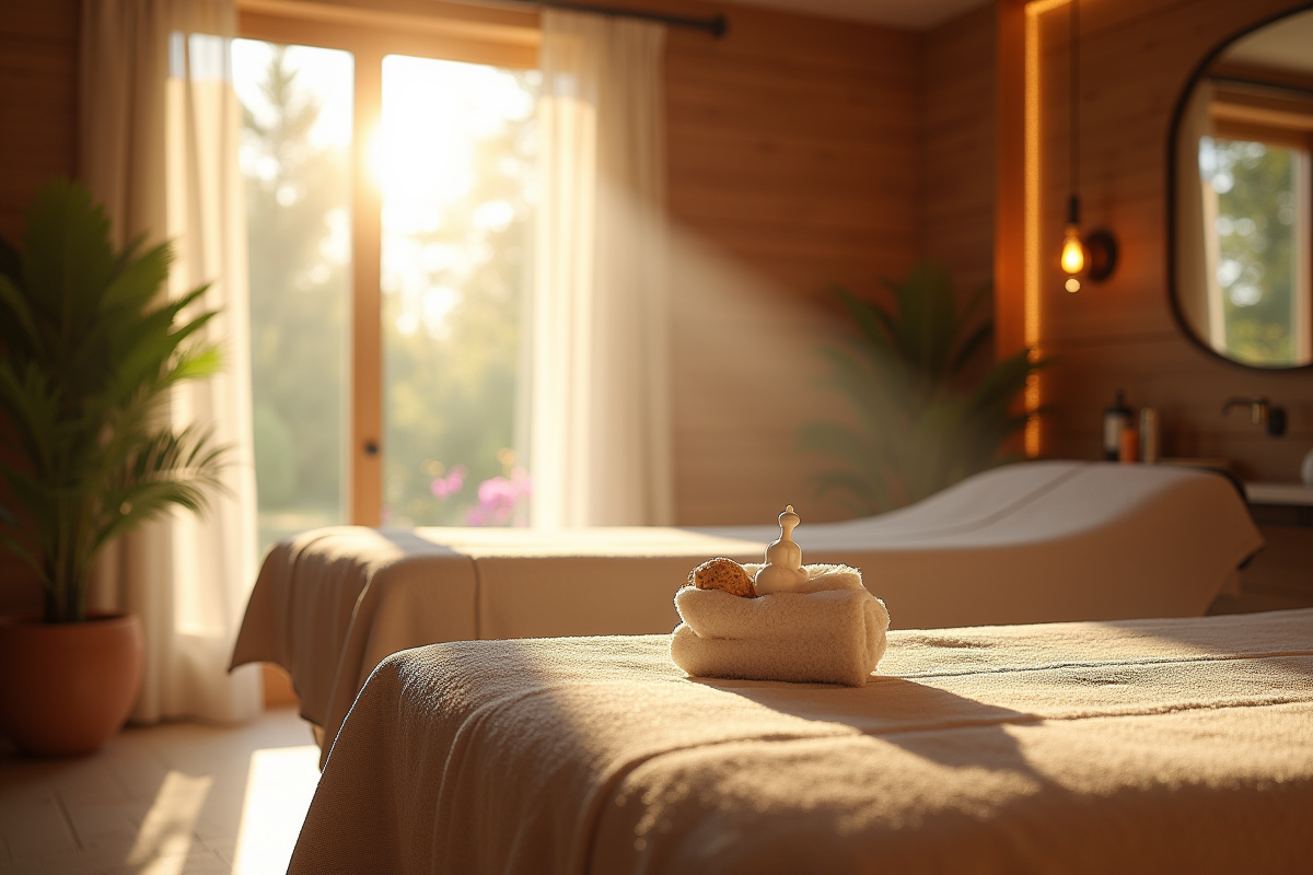 Spa intérieur dans une suite moderne en Normandie avec lumière naturelle