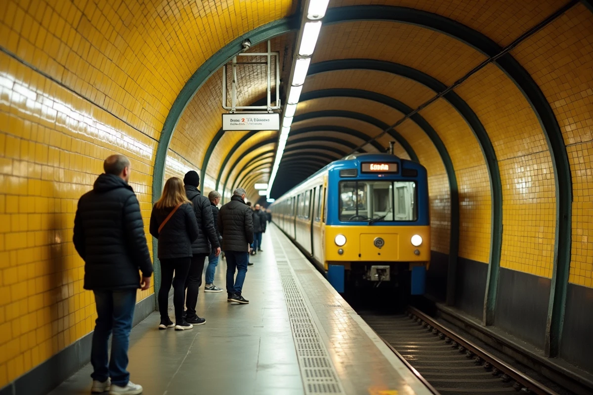 Station historique du métro de Berlin avec carrelage Art Déco jaune et train bleu arrivant sur le quai