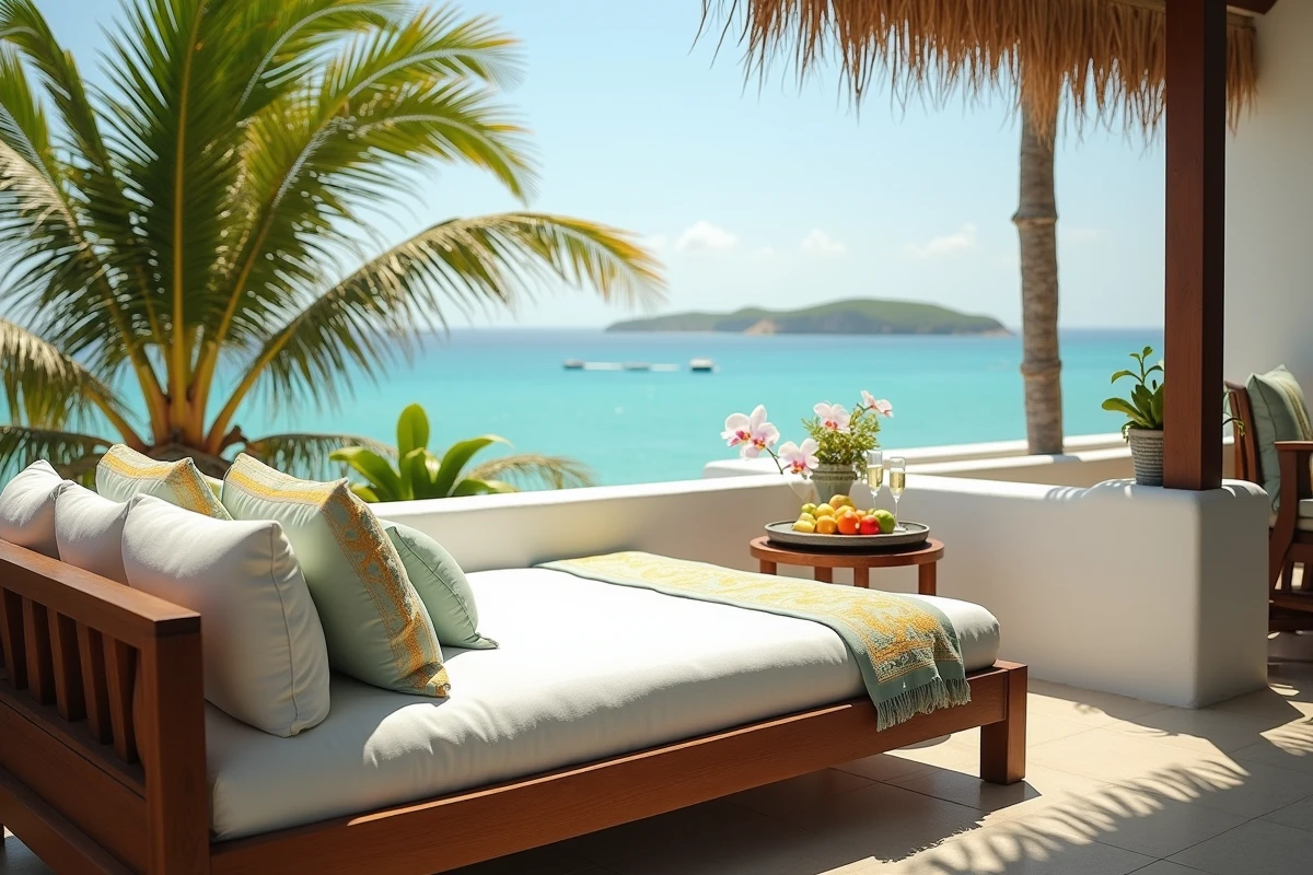 Terrasse privée d'une suite d'hôtel 5 étoiles en Guadeloupe avec vue panoramique sur la mer des Caraïbes