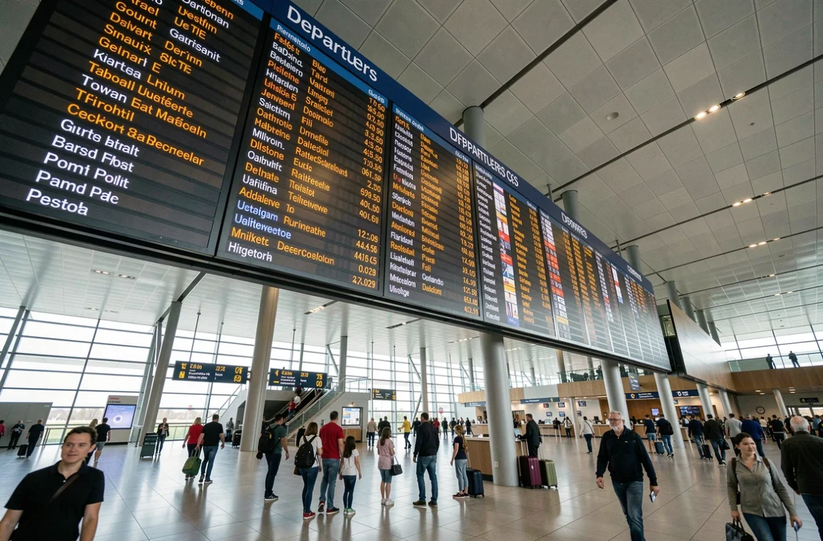Tableau des départs d'un aéroport européen affichant des vols à l'heure et en retard avec des voyageurs en arrière-plan