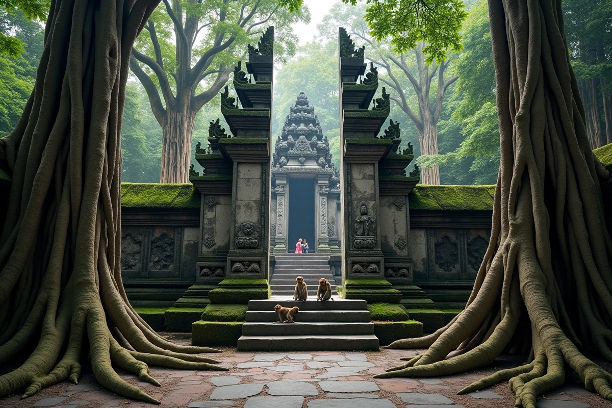 Temple hindou Pura Dalem Agung entouré de racines de banian et de singes macaques dans la Sacred Monkey Forest de Bali