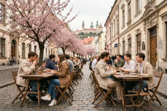 Terrasse de café animée à Ljubljana au printemps avec des cerisiers en fleurs et des touristes attablés en plein air