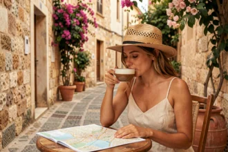 Femme assise en terrasse dans la vieille ville de Palma de Majorque avec carte et café, entourée de murs en pierre et bougainvilliers