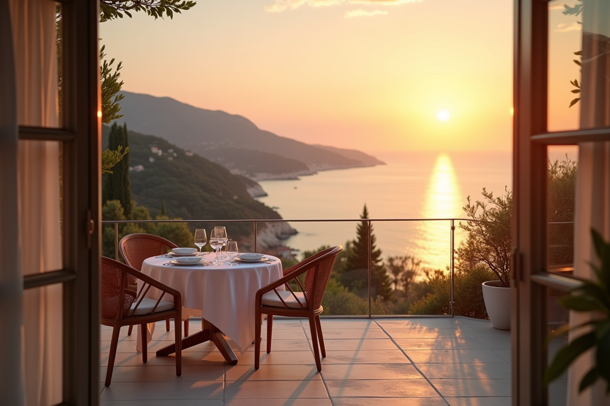 Terrasse avec vue sur la mer au coucher du soleil