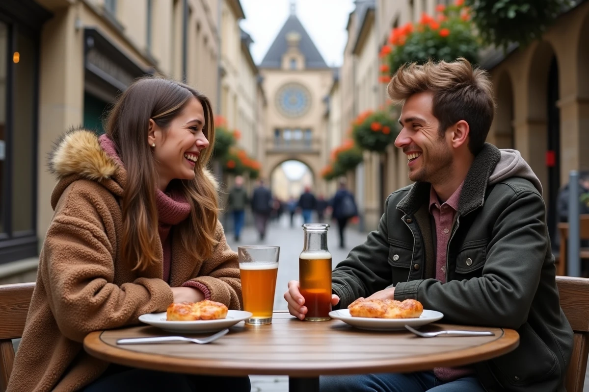 Deux amis dégustant du cidre normand en terrasse sous la Grosse Horloge de Rouen en automne