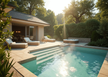 Terrasse spa extérieure en Normandie avec jacuzzi et verdure