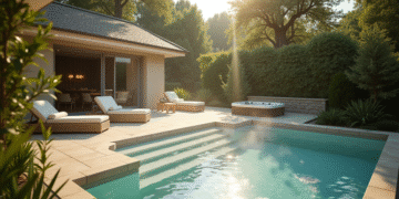 Terrasse spa extérieure en Normandie avec jacuzzi et verdure