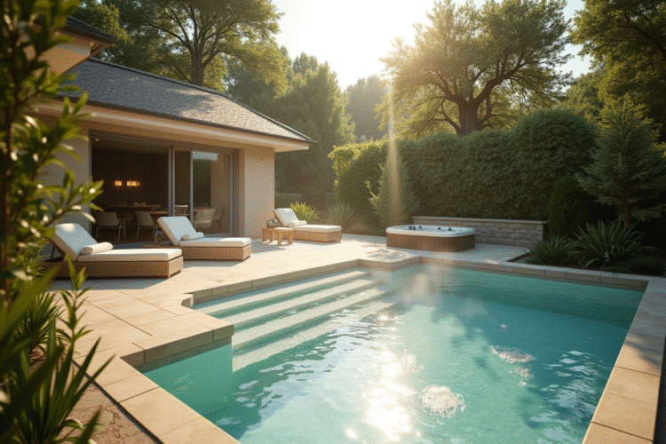 Terrasse spa extérieure en Normandie avec jacuzzi et verdure