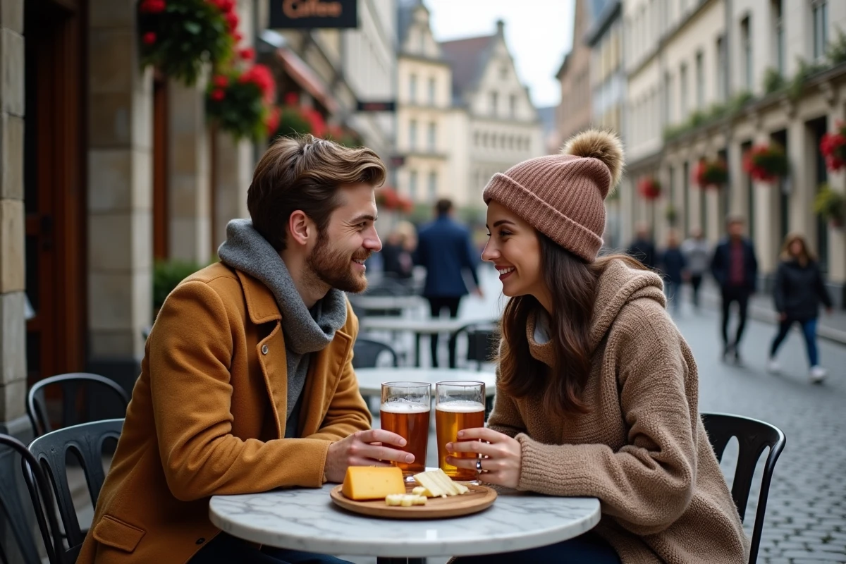 Couple savourant une bière belge en terrasse sur la Vrijdagmarkt à Gand lors d'un city trip