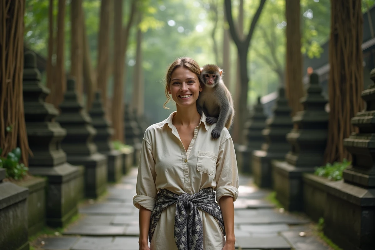 Touriste portant un sarong traditionnel balinais avec un singe macaque sur l'épaule dans le Monkey Forest d'Ubud