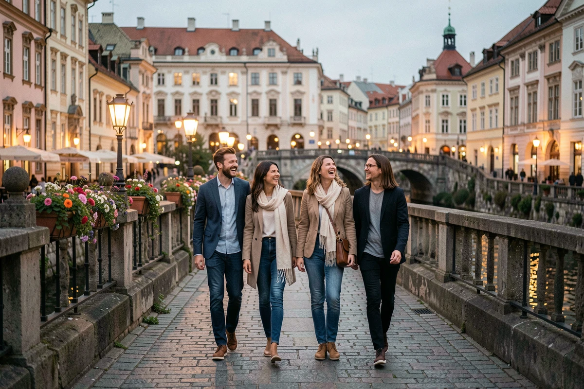 Groupe d'amis traversant le Triple Pont de Ljubljana au printemps avec vue sur la vieille ville et le canal