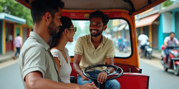 Jeune conducteur de tuk tuk sri lankais souriant avec touristes en ville