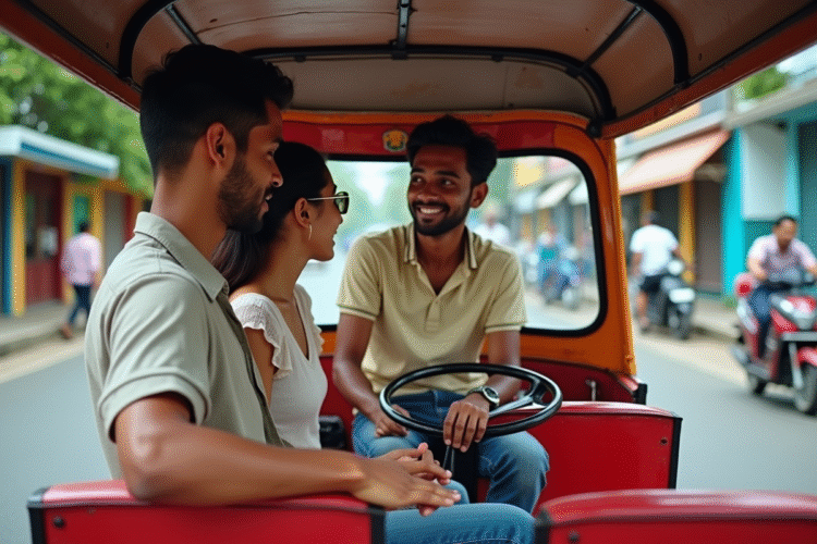 Jeune conducteur de tuk tuk sri lankais souriant avec touristes en ville