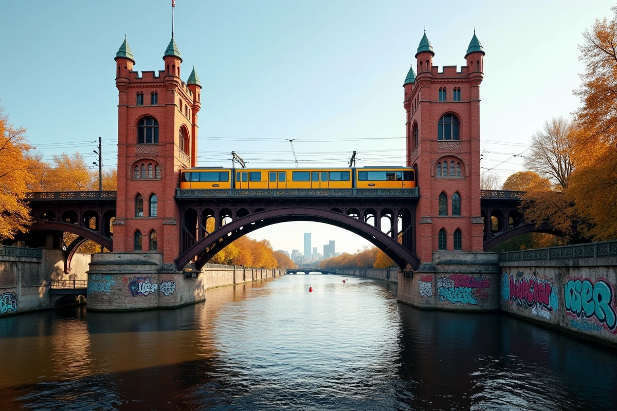 Train du U-Bahn de Berlin traversant le viaduc de l'Oberbaumbrücke au-dessus de la Spree en automne
