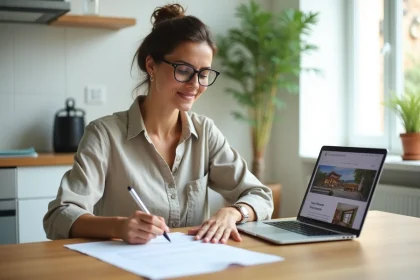 Femme vérifiant un contrat de location de vacances Locasun à la maison avant de réserver