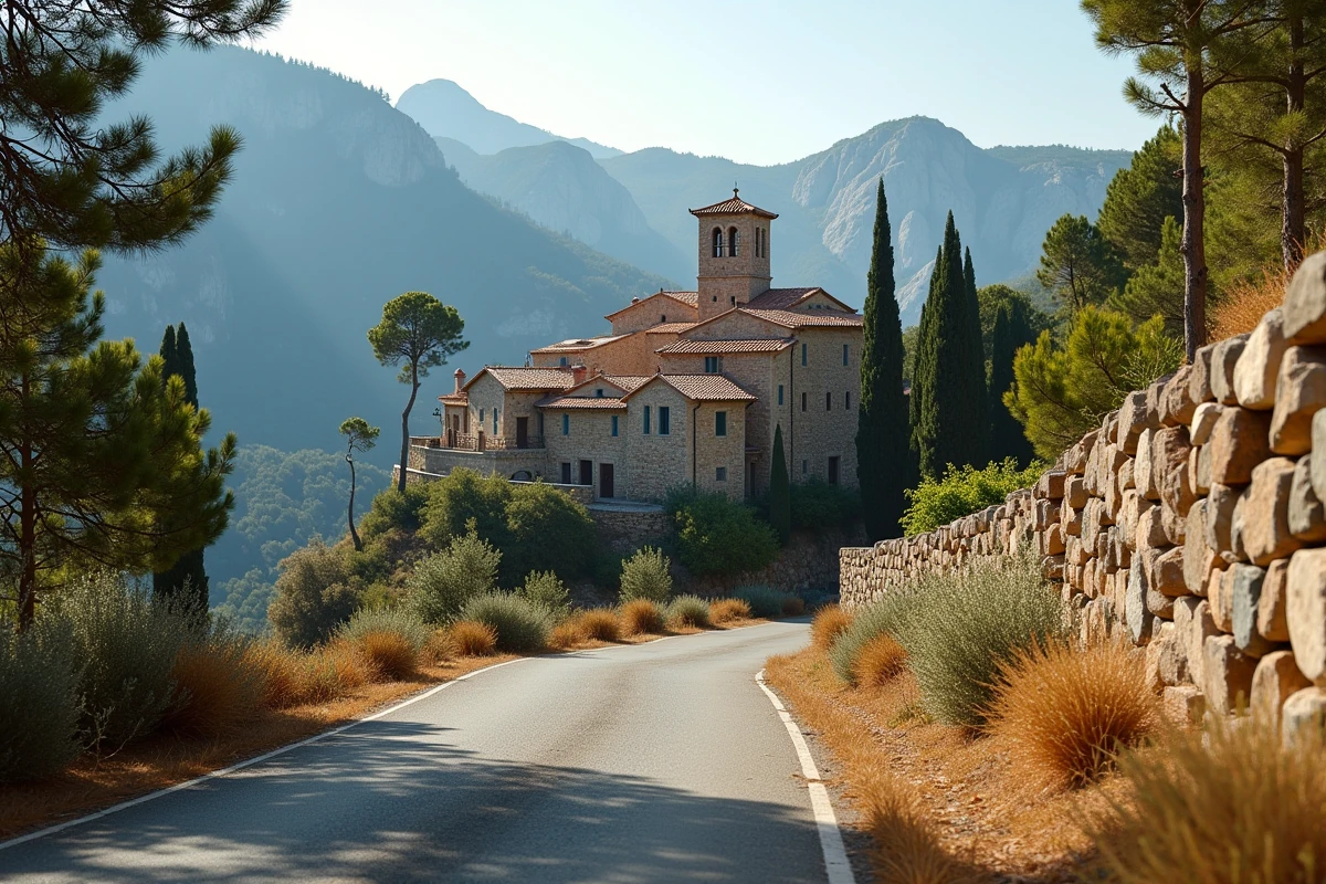 Village corse perché sur les collines visible depuis la route entre Propriano et Ajaccio avec maquis en premier plan