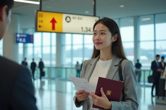 Voyageuse tenant un visa chinois et un passeport à un comptoir d'enregistrement d'aéroport international avant un départ pour Guangzhou