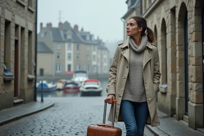 Femme en pull marinière tirant une valise sur les pavés du vieux port de Honfleur en Normandie