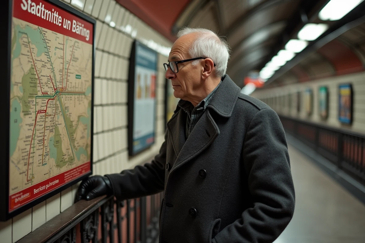 Homme étudiant une carte historique du U-Bahn de Berlin dans une station au décor de carrelage rouge et blanc