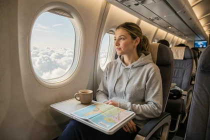 Femme en tenue de voyage confortable assise près du hublot d'un avion long-courrier Paris-Thaïlande, regardant les nuages avec une carte de l'Asie du Sud-Est posée sur la tablette