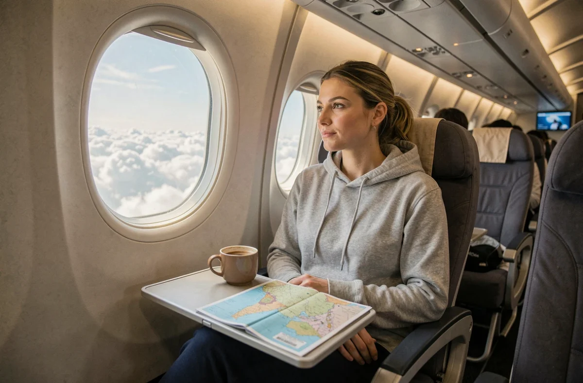 Femme en tenue de voyage confortable assise près du hublot d'un avion long-courrier Paris-Thaïlande, regardant les nuages avec une carte de l'Asie du Sud-Est posée sur la tablette