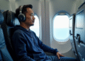 Homme asiatique voyageur dans un avion moderne
