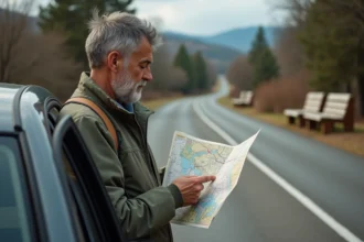 Homme en voyage examine un plan route à côté de sa voiture