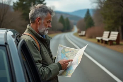 Homme en voyage examine un plan route à côté de sa voiture