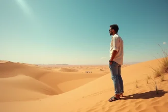 Voyageur solitaire contemplant les dunes de sable du désert du Sahara à Merzouga, Maroc