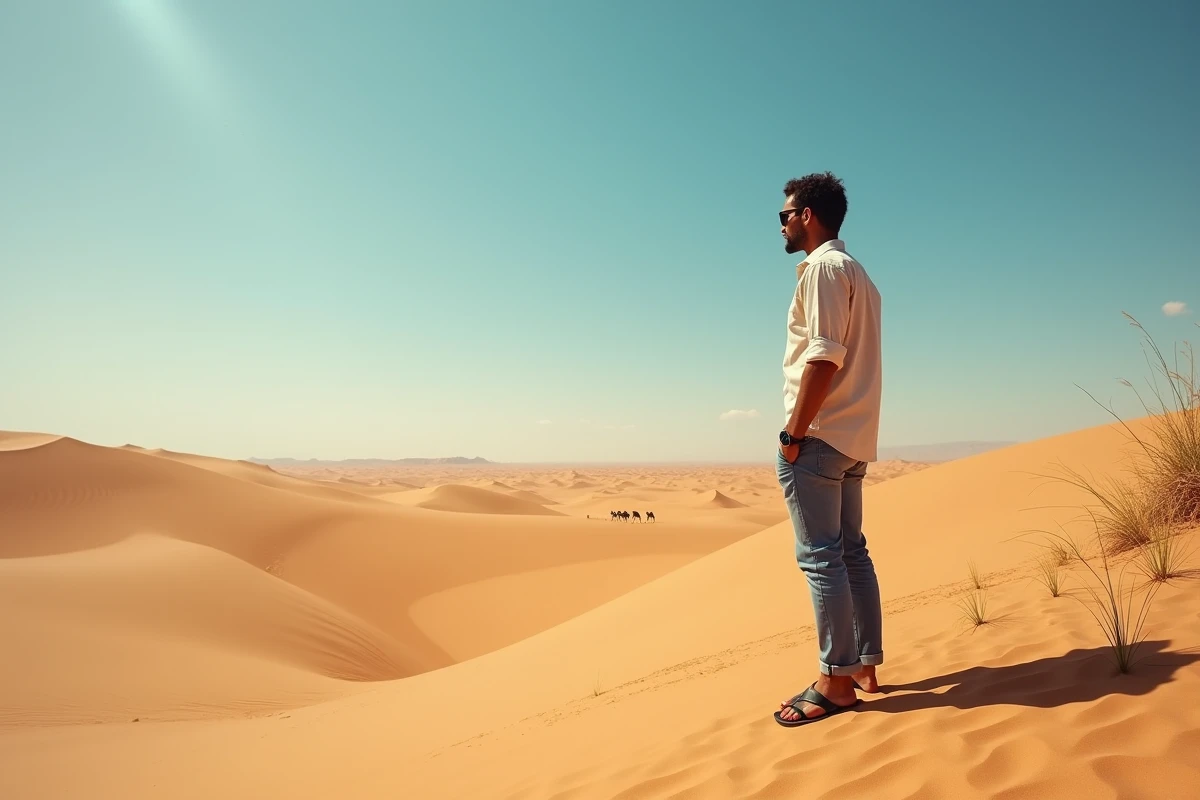Voyageur solitaire contemplant les dunes de sable du désert du Sahara à Merzouga, Maroc