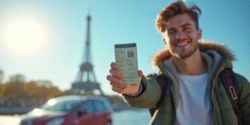 Jeune voyageur avec permis de conduire devant une voiture en Europe