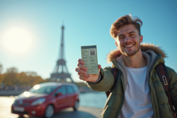 Jeune voyageur avec permis de conduire devant une voiture en Europe
