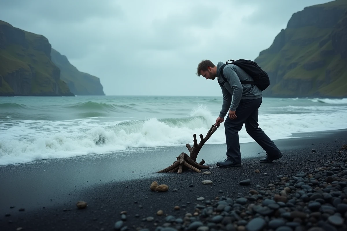 Voyageur explorant une plage de sable noir isolée dans les fjords de l'est de l'Islande en juillet loin des touristes