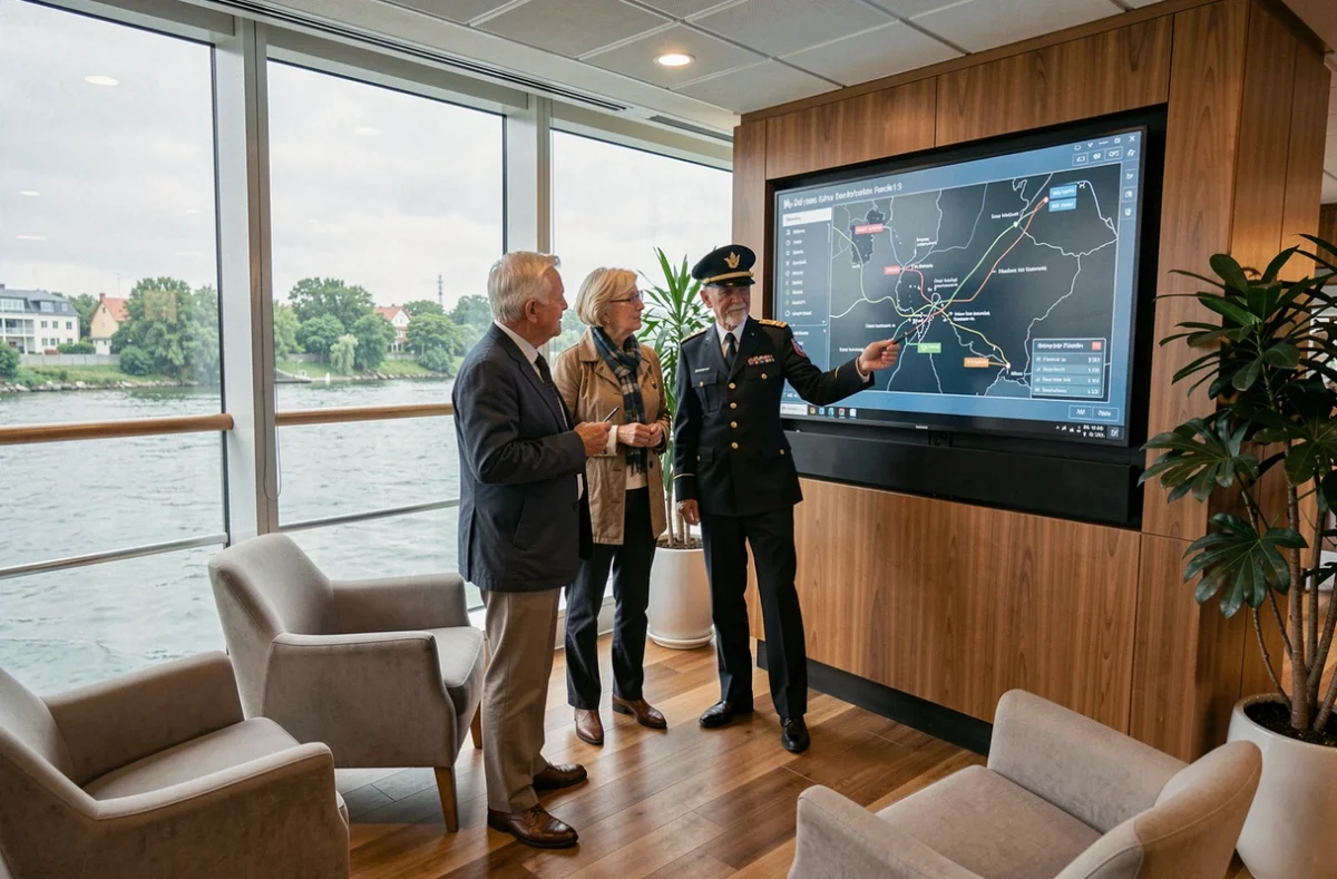 Groupe de voyageurs consultant la carte d'itinéraire avec un officier dans le salon panoramique d'une croisière fluviale